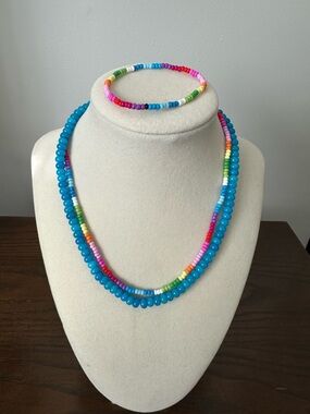 Bright blue & Multicolor Beaded Necklace and Bracelet Set